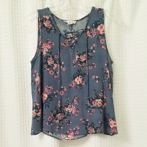Blue & Pink Floral Print Sleeveless Blouse